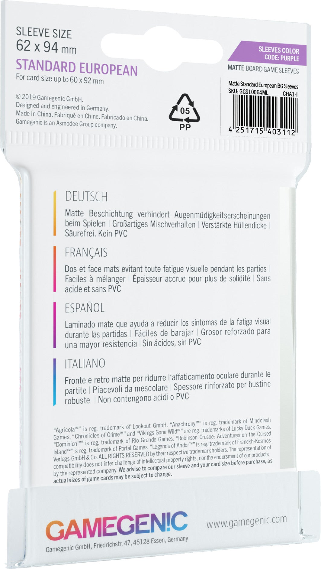 Board Game Sleeves Standard European Clear Matte