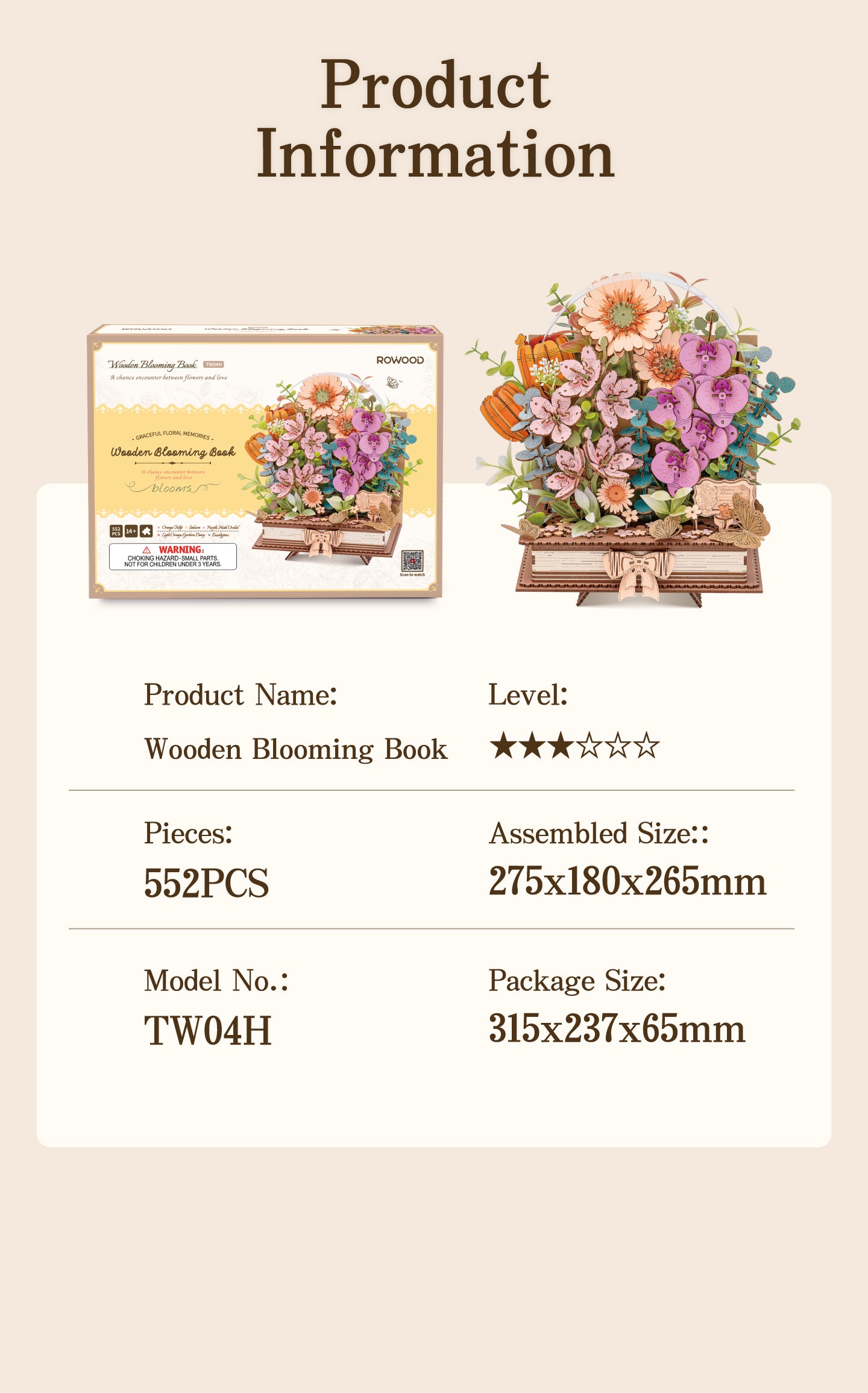 Rowood DIY 3D Flower Puzzle - Wooden Blooming Book TW04H - Mô hình lắp ráp gỗ 3D - Rolife