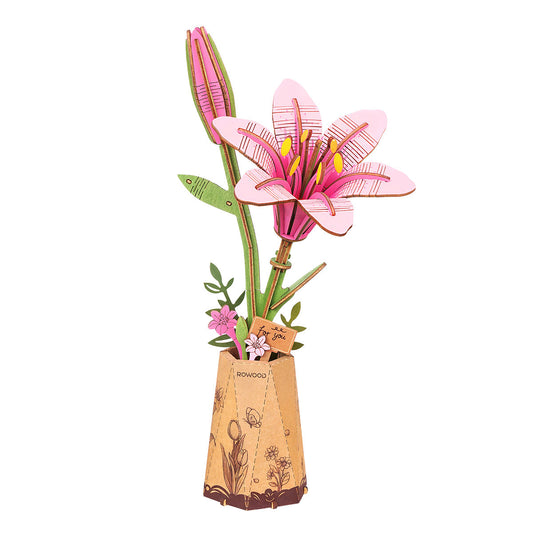 Rolife DIY Wooden Pink Lily Flower Kit TW071 - Mô hình lắp ráp hoa gỗ 3D - Rolife