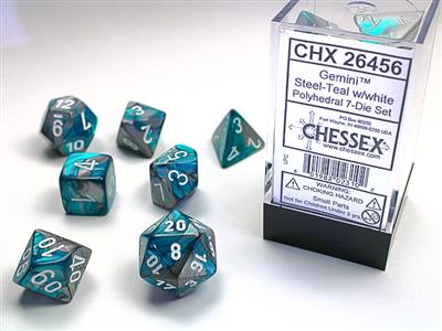 Gemini® Polyhedral Steel-Teal/white 7-Die Set - Bộ Xúc Xắc Đa Diện 7 Viên - Chessex