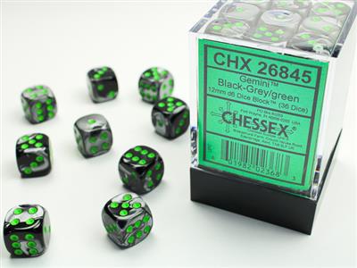 Gemini® 12mm d6 Black-Grey/green Dice Block™ (36 dice) - Bộ 36 Xúc Xắc 12mm - Chessex