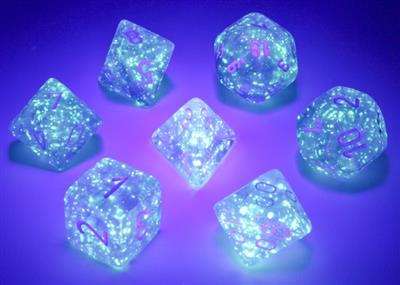 Borealis® Polyhedral Purple/white Luminary™ 7-Die Set - Bộ xúc xắc 7 viên phát sáng - Chessex - Góc nhìn khác 3