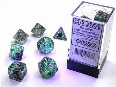 Borealis® Polyhedral Light Smoke/silver Luminary™ 7-Die Set - Bộ xúc xắc đa diện phát sáng - Chessex - Hình ảnh bổ sung 4
