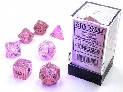 Borealis® Polyhedral Pink/silver Luminary™ 7-Die Set - Bộ Xúc Xắc 7 Viên Đa Diện - Chessex - Hình ảnh bổ sung 4