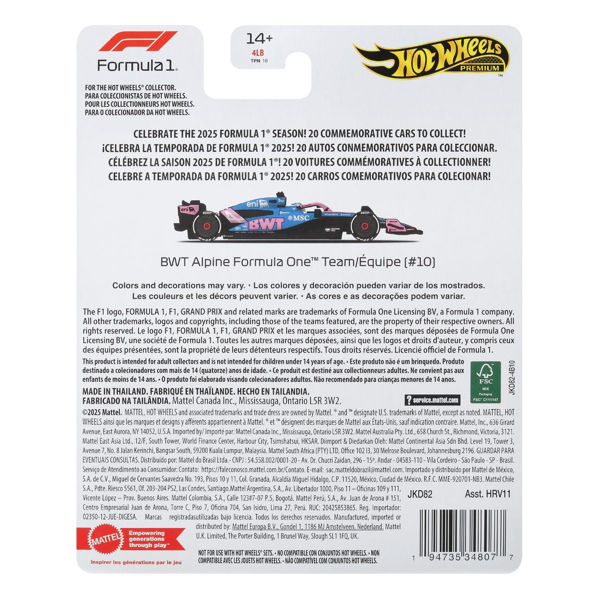 Đồ Chơi Siêu Xe Đua F1 Team Alpine - Tay Đua 10 HOT WHEELS JKD82/HRV11