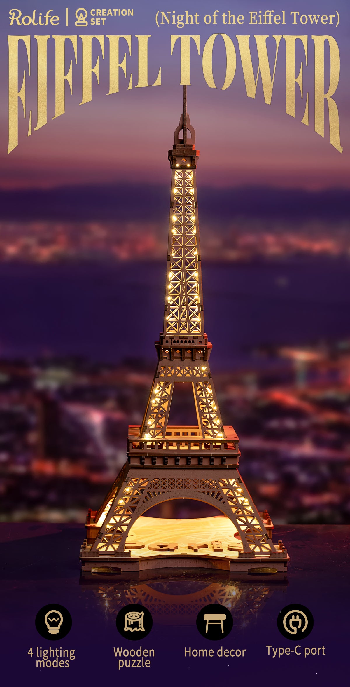 Rolife Night of the Eiffel Tower TGL01 - Mô hình gỗ 3D lắp ráp có đèn LED - Robotime Rolife