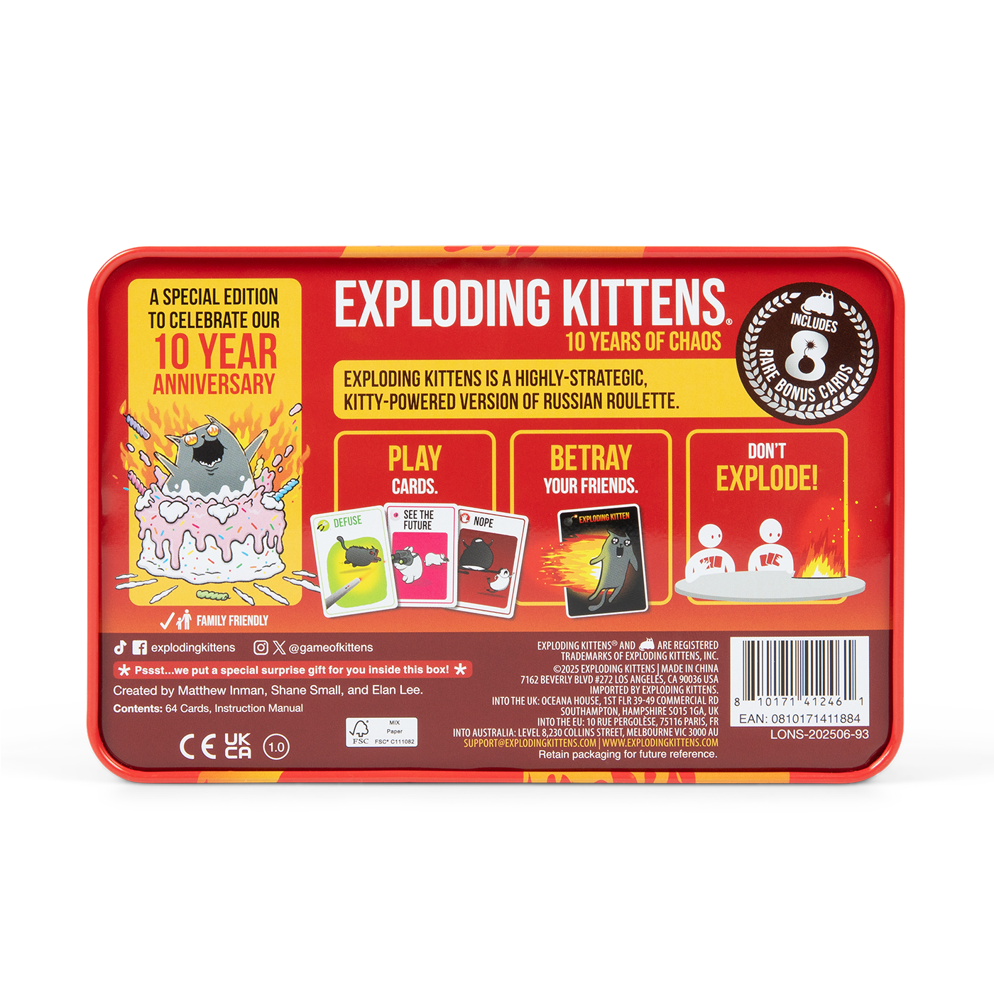 Exploding Kittens: Original Edition (10th Anniversary Tin Edition) - Trò chơi thẻ bài Mèo Nổ (Bản Kỷ Niệm 10 Năm) - Exploding Kittens