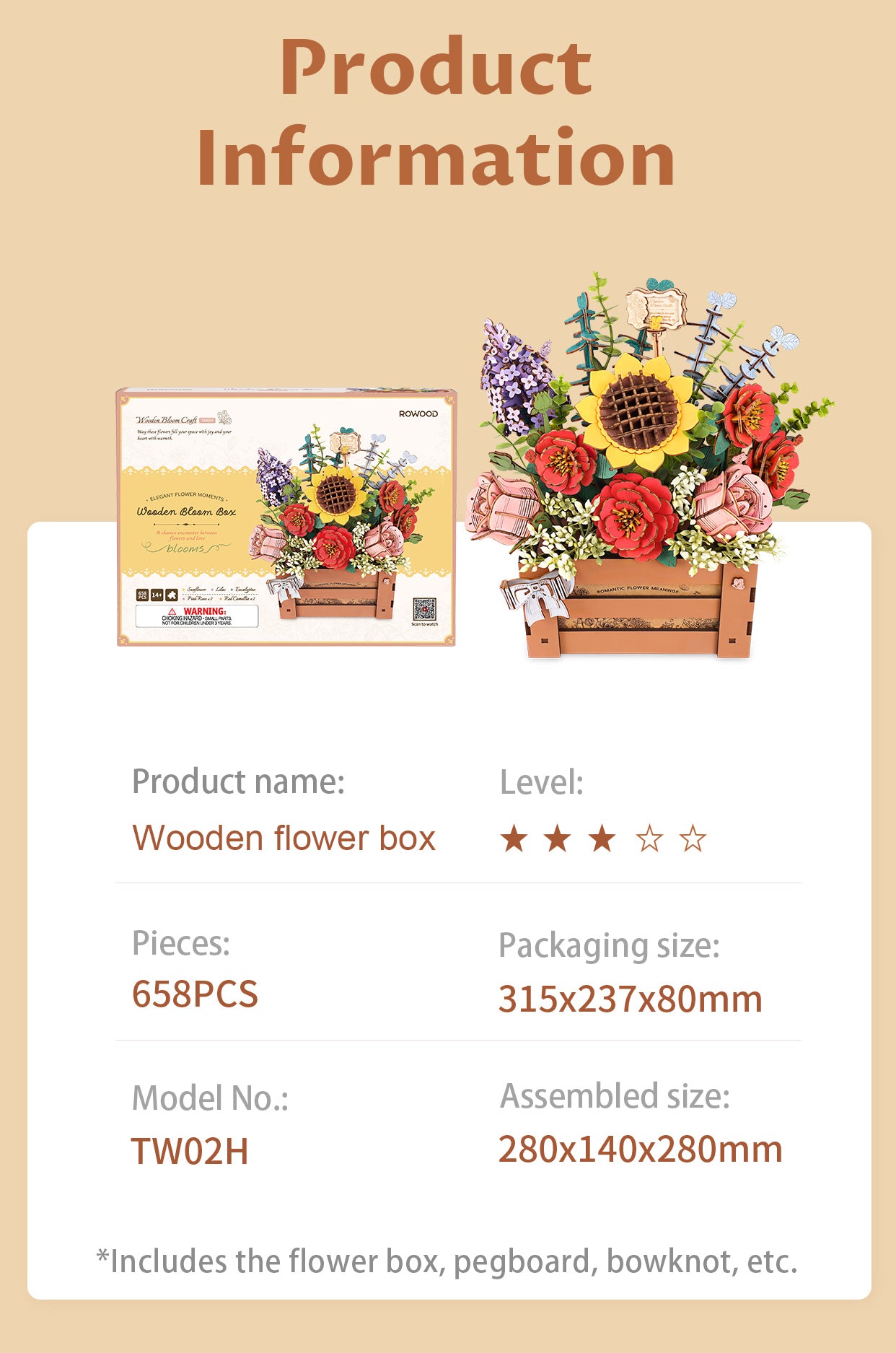 Rowood Wooden Bloom Box DIY 3D Puzzle TW02H - Mô hình lắp ráp gỗ 3D chậu hoa - Robotime Rolife