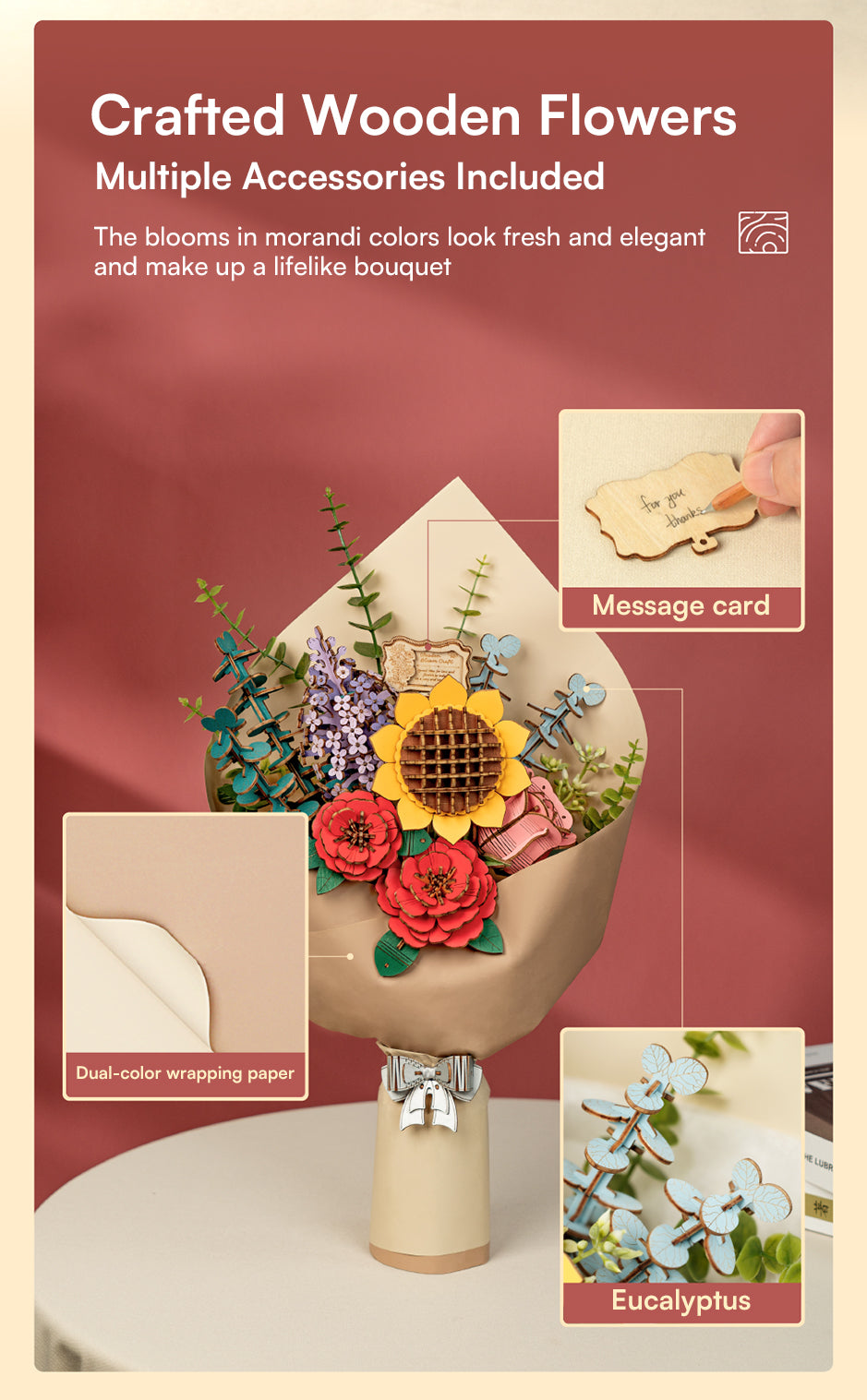 Rowood Wooden Flower Bouquet Set - Bộ lắp ráp bó hoa gỗ 3D - Rolife TW01H