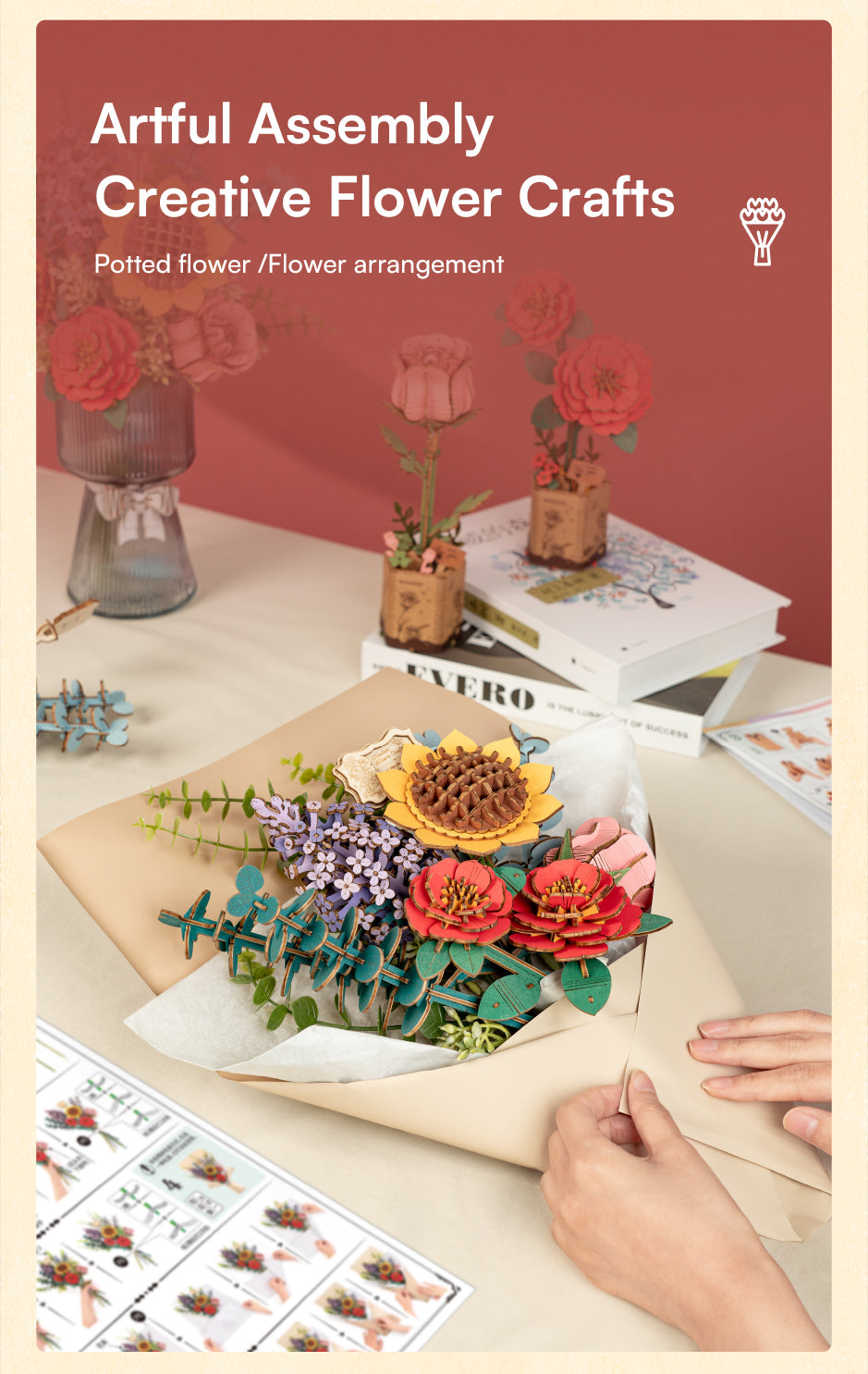 Rowood Wooden Flower Bouquet Set - Bộ lắp ráp bó hoa gỗ 3D - Rolife TW01H