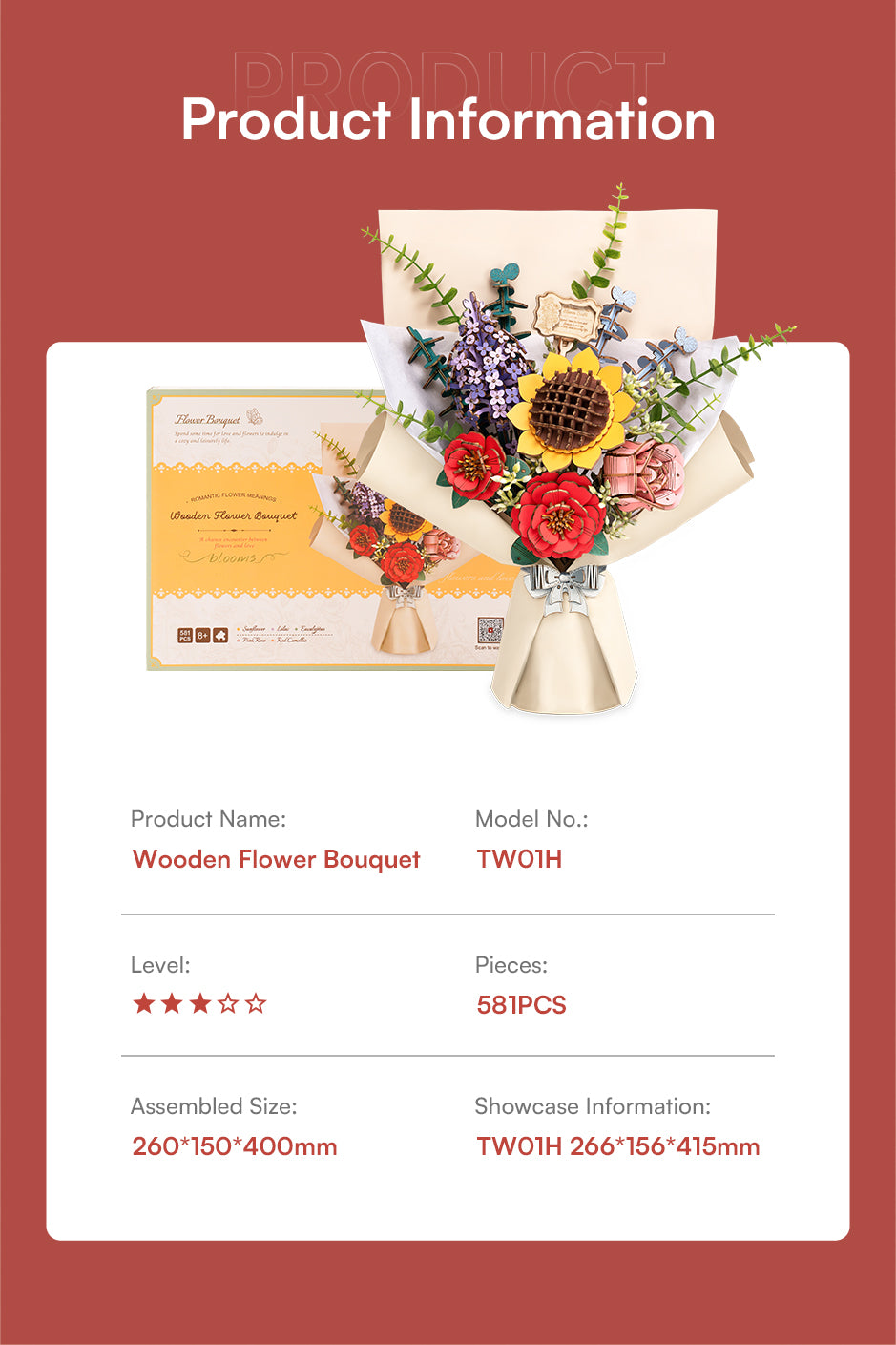 Rowood Wooden Flower Bouquet Set - Bộ lắp ráp bó hoa gỗ 3D - Rolife TW01H