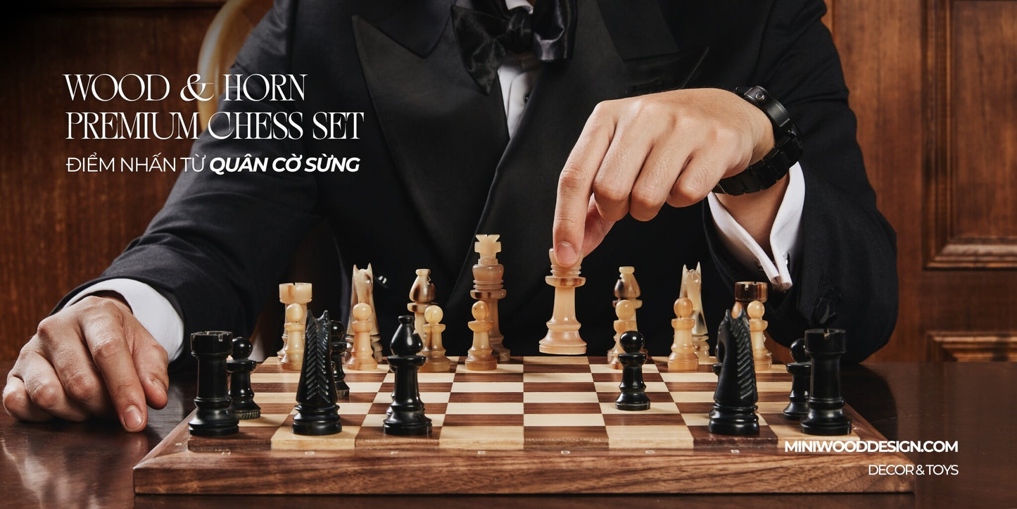 Cờ Vua Sừng Cao Cấp - Bàn cờ gỗ Walnut & Maple - Miniwood Design
