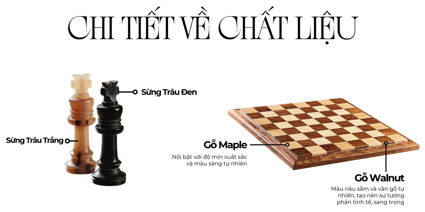 Cờ Vua Sừng Cao Cấp - Bàn cờ gỗ Walnut & Maple - Miniwood Design
