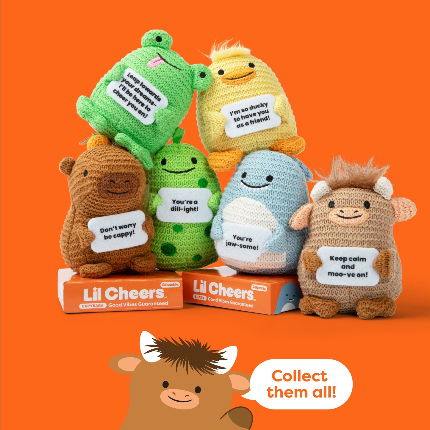 Lil Cheers Highland Cow – Thú Bông Len Móc Trang Trí Tích Cực Relatable