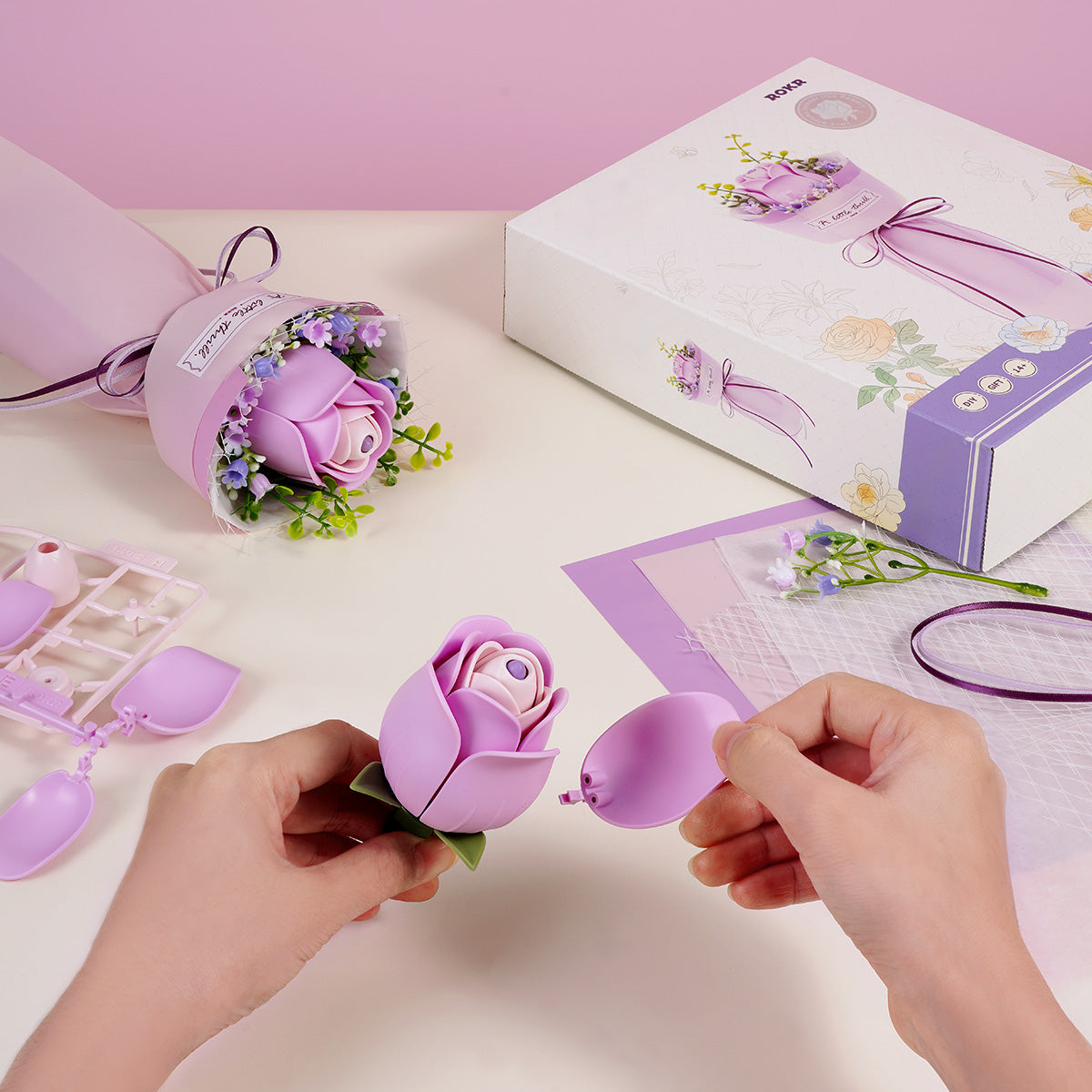 ROKR DIY Bouquet 3D Puzzle - Purple Rose AF021 - Mô hình gỗ 3D Bó hoa hồng tím - ROKR