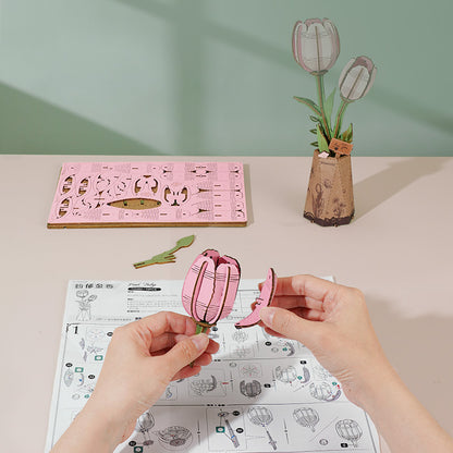 Rowood DIY Wooden Flower Pink Tulip TW082 - Mô hình hoa Tulip gỗ tự lắp ráp - Rolife
