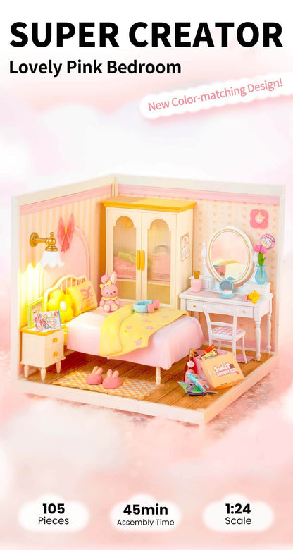 Rolife Lovely Pink Bedroom DIY Miniature House DW016 - Mô hình nhà gỗ tí hon tự lắp ráp - Rolife