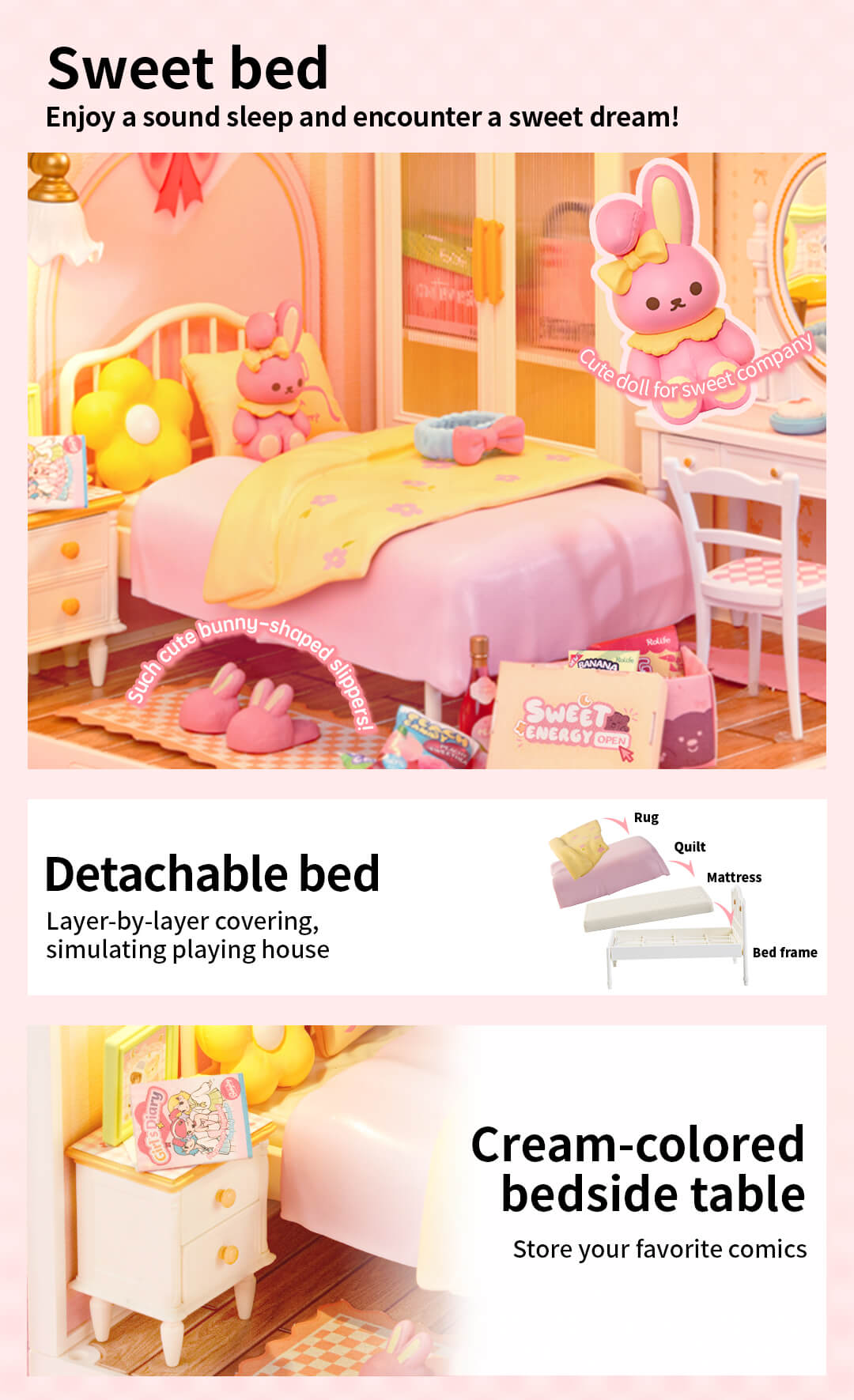 Rolife Lovely Pink Bedroom DIY Miniature House DW016 - Mô hình nhà gỗ tí hon tự lắp ráp - Rolife