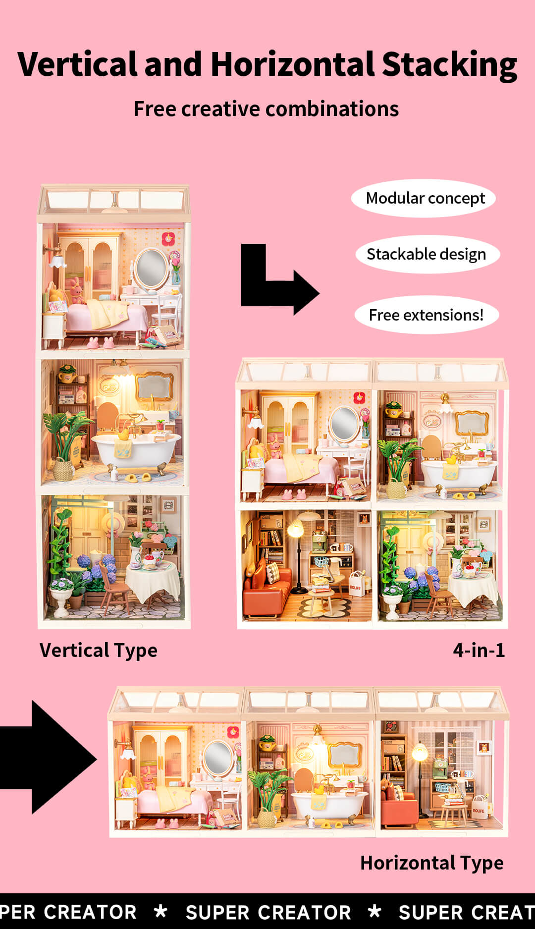 Rolife Lovely Pink Bedroom DIY Miniature House DW016 - Mô hình nhà gỗ tí hon tự lắp ráp - Rolife