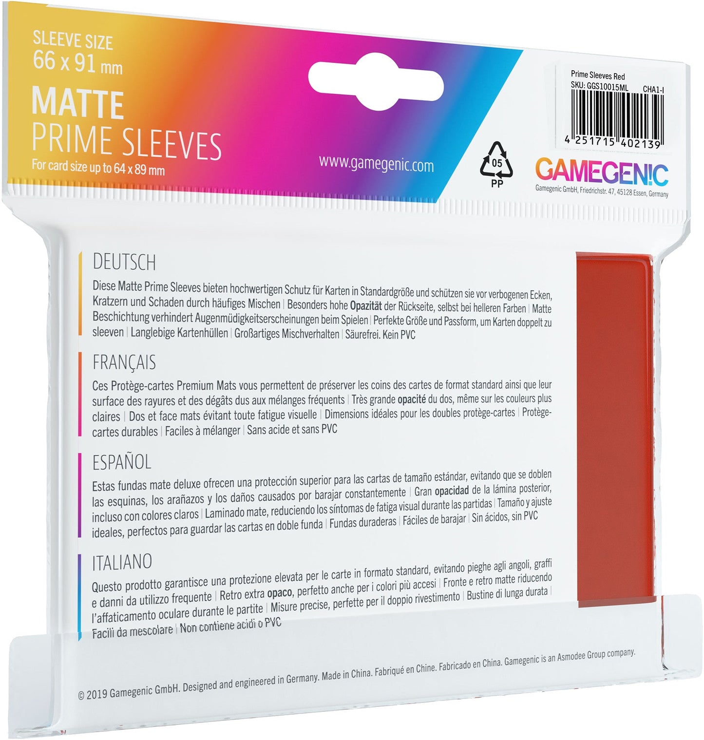 MATTE Prime Sleeves: Red - Túi bọc bài cao cấp màu đỏ Gamegenic - Hình ảnh chi tiết 2
