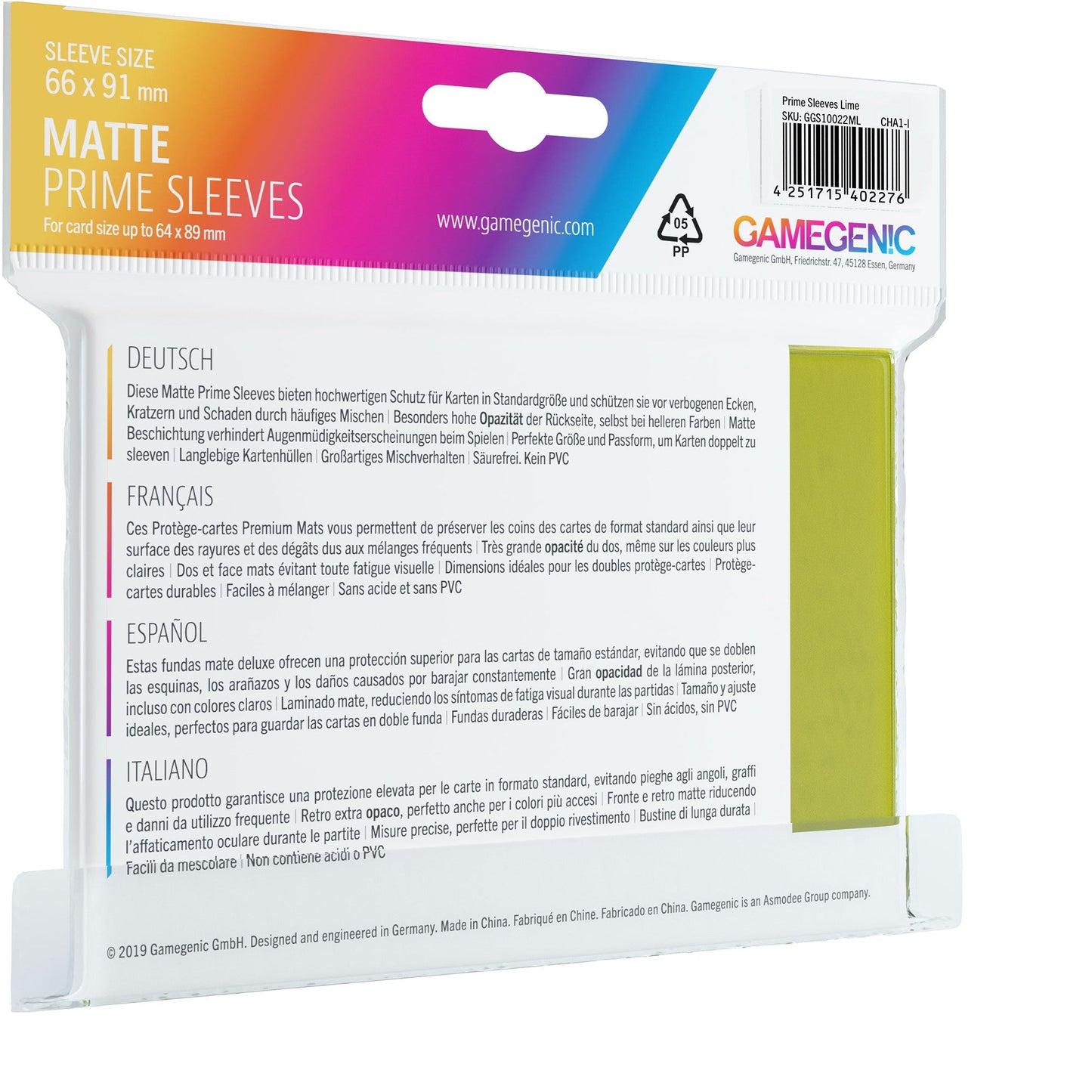MATTE Prime Sleeves: Lime - Bọc Bài Bảo Vệ Thẻ Bài Cao Cấp - Gamegenic - Hình ảnh chi tiết 2