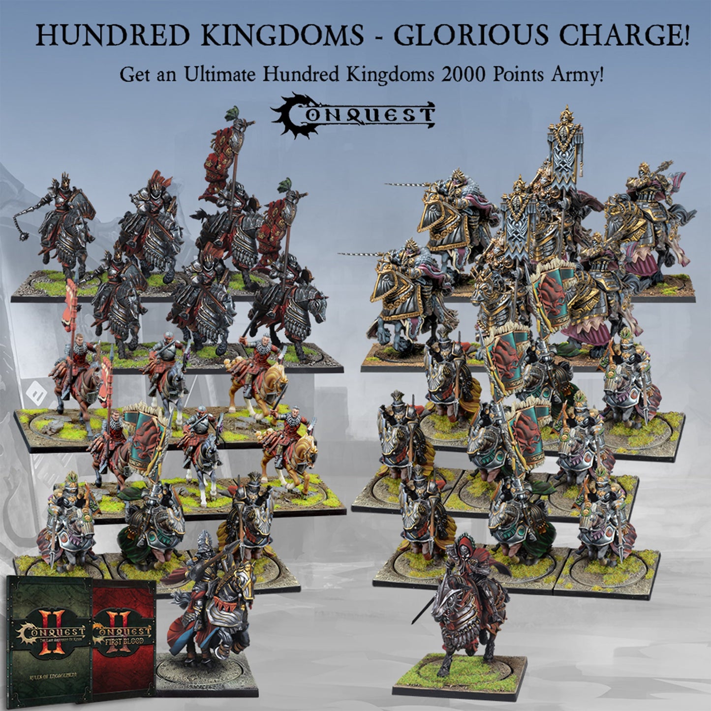 Conquest Miniatures Game - Hundred Kingdoms Glorious Charge 2000pt Army - Bộ quân đội mô hình kỵ binh Para Bellum