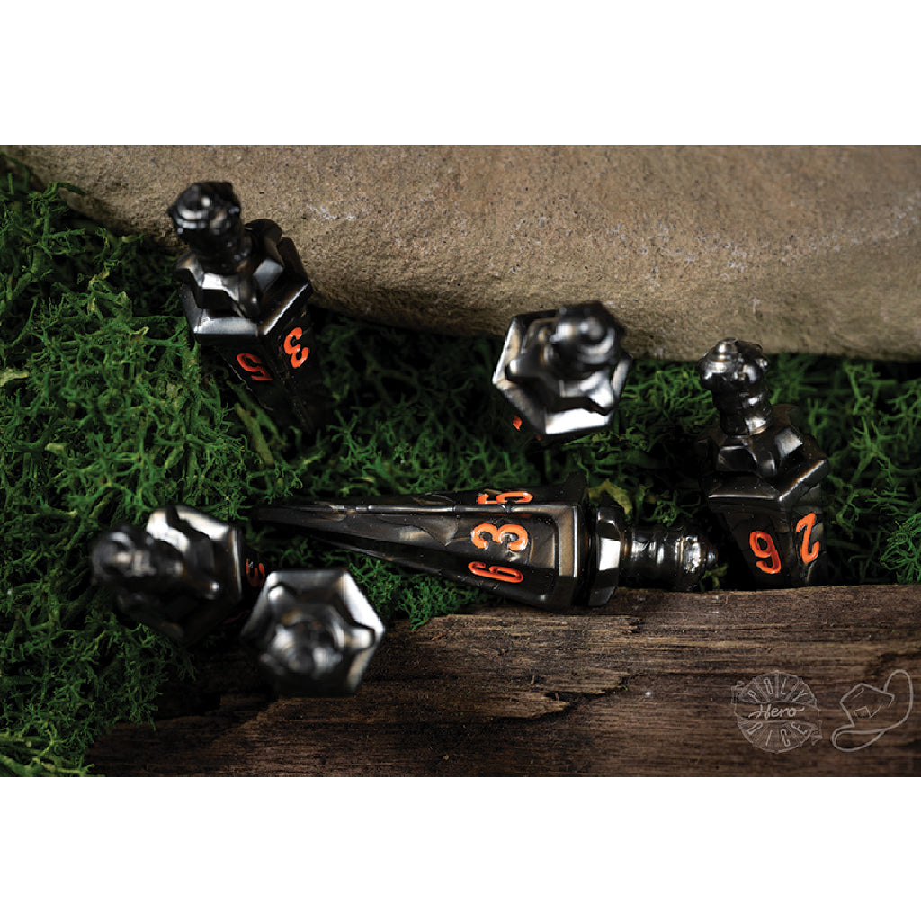 PolyHero Warrior 6d6 Swords Steel Dice Set - Bộ Xúc Xắc 6 Viên Hình Kiếm PolyHero - Góc nhìn khác 3