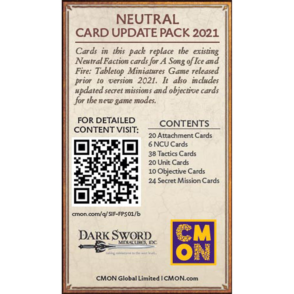 A Song of Ice & Fire Tabletop Miniatures Game - Neutral Faction Pack - Bộ Cập Nhật Thẻ Bài Chiến Thuật CMON