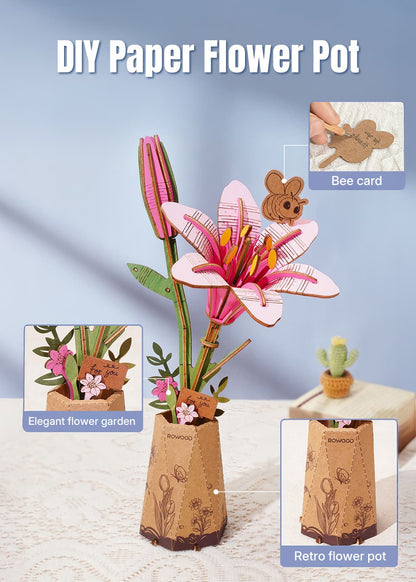 Rolife DIY Wooden Pink Lily Flower Kit TW071 - Mô hình lắp ráp hoa gỗ 3D - Rolife