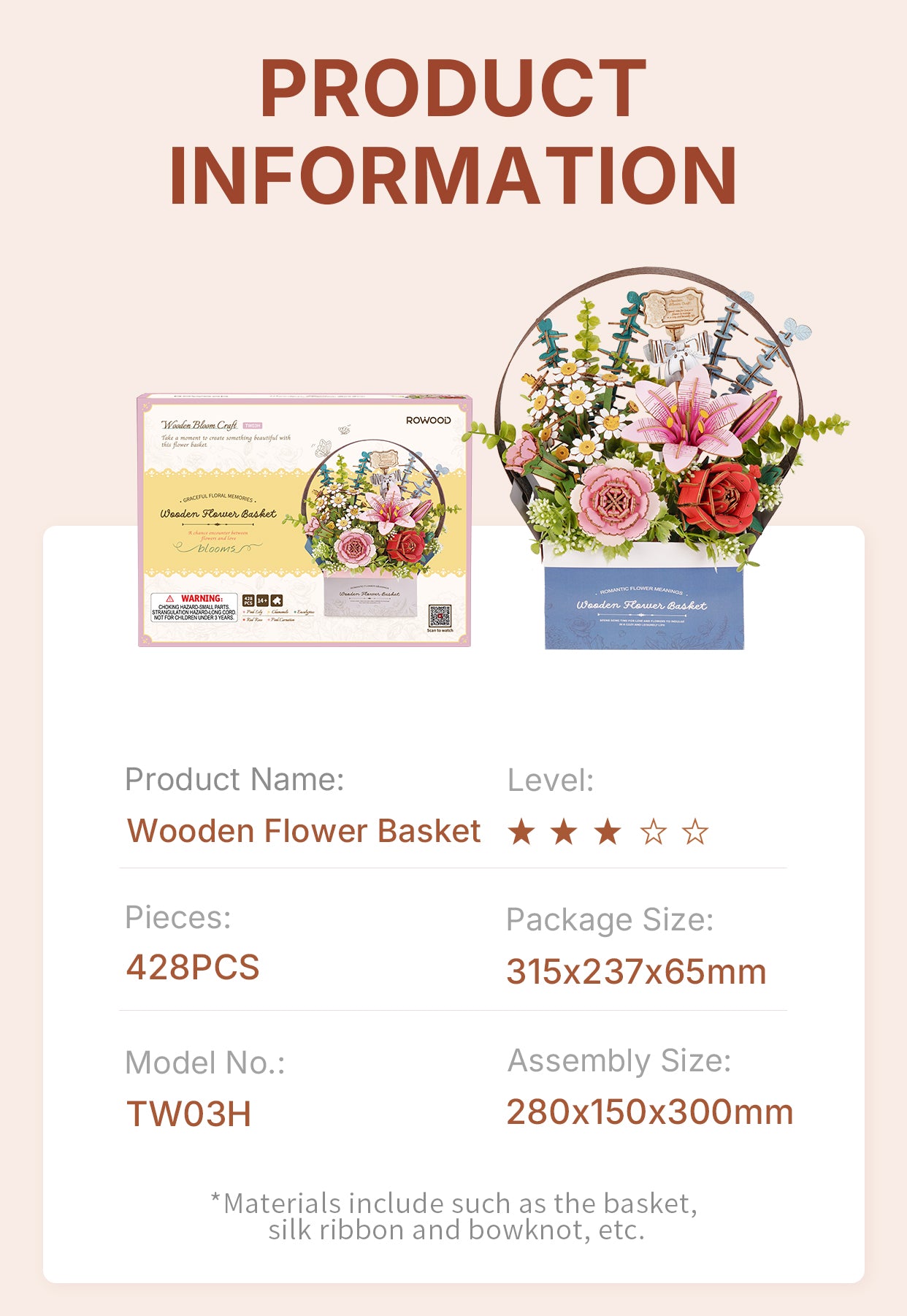 Rowood DIY 3D Puzzle - Wooden Flower Basket TW03H - Mô hình gỗ 3D tự lắp ráp - Rolife