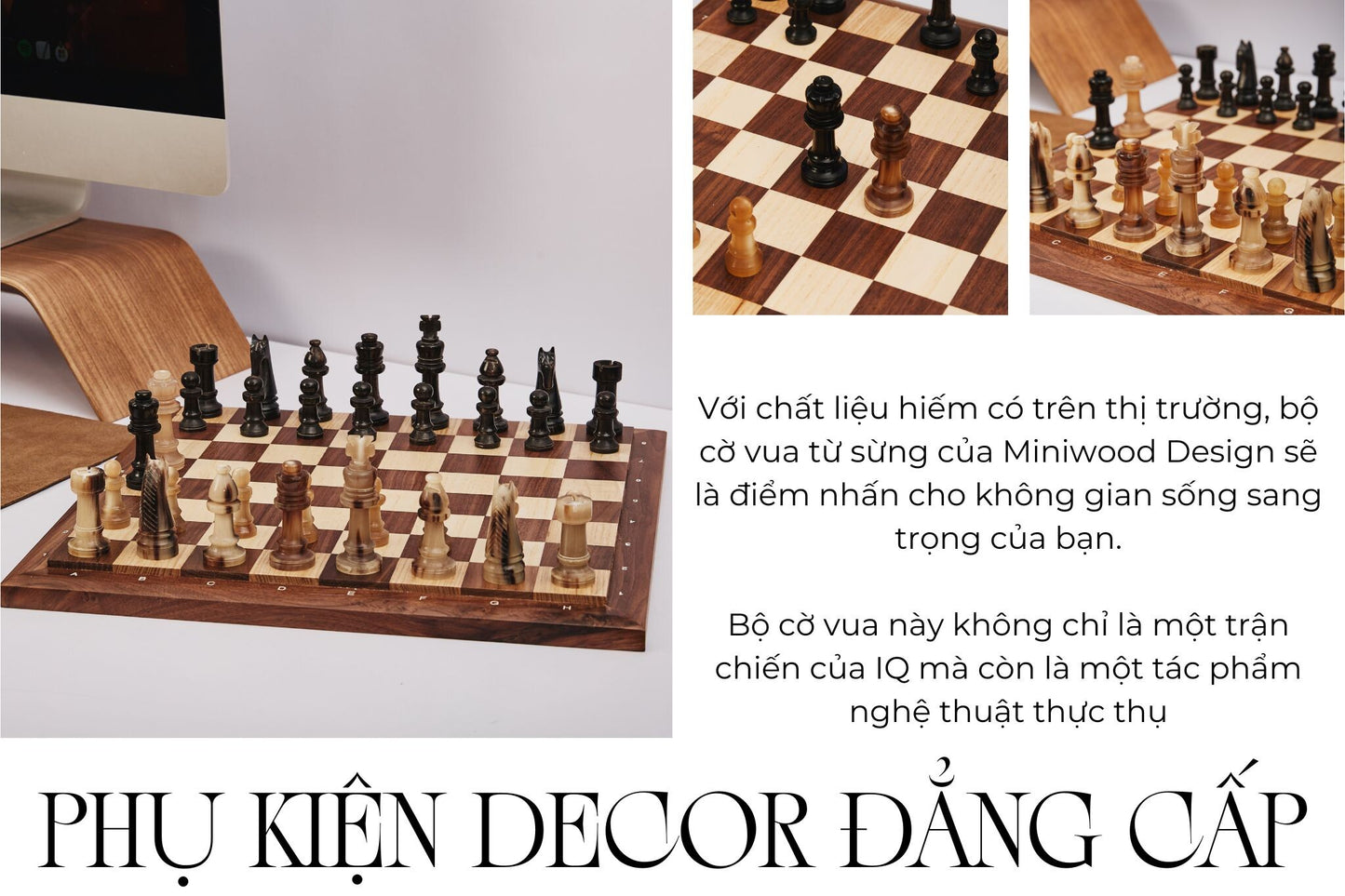 Cờ Vua Sừng Cao Cấp - Bàn cờ gỗ Walnut & Maple - Miniwood Design