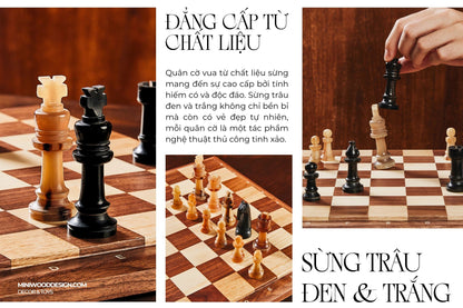 Cờ Vua Sừng Cao Cấp - Bàn cờ gỗ Walnut & Maple - Miniwood Design