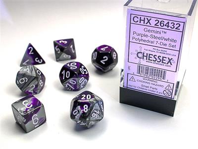 Gemini® Polyhedral Purple-Steel/white 7-Die Set - Bộ Xúc Xắc 7 Viên - Chessex