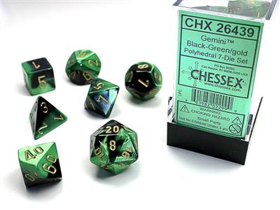 Gemini® Polyhedral Black-Green/gold 7-Die Set - Bộ Xúc Xắc 7 Viên Đa Diện - Chessex