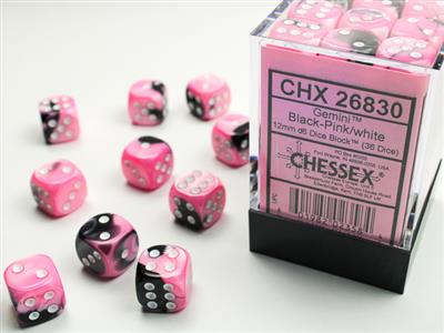 Gemini® 12mm d6 Black-Pink/white Dice Block™ (36 dice) - Bộ 36 xúc xắc 6 mặt - Chessex