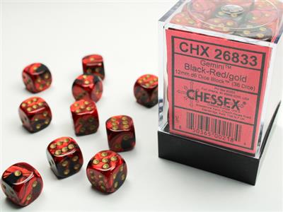 Gemini® 12mm d6 Black-Red/gold Dice Block (36 dice) - Bộ 36 Xúc Xắc 6 Mặt - Chessex