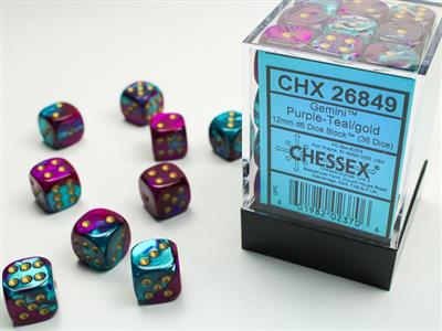 Gemini® 12mm d6 Purple-Teal/gold Dice Block™ (36 dice) - Bộ Xúc Xắc 6 Mặt - Chessex
