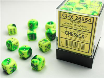 Gemini® 12mm d6 Green-Yellow/silver Dice Block™ (36 dice) - Bộ 36 viên xúc xắc 12mm - Chessex