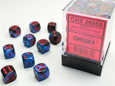 Gemini® 12mm d6 Black-Starlight/red Dice Block™ (36 dice) - Bộ 36 viên xúc xắc Chessex