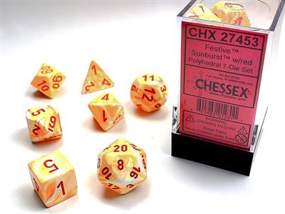 Festive® Polyhedral Sunburst™/red 7-Die Set - Bộ Xúc Xắc 7 Viên Đa Diện - Chessex