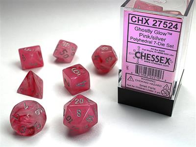 Ghostly Glow™ Polyhedral Pink/silver 7-Die Set - Bộ xúc xắc 7 viên đa diện - Chessex