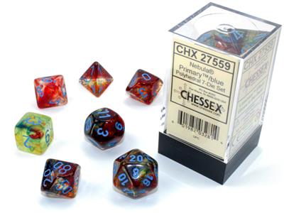 Nebula® Polyhedral Primary™/blue Luminary™ 7-Die Set - Bộ Xúc Xắc 7 Viên Phát Sáng - Chessex