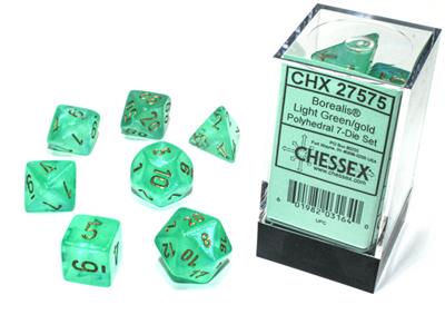 Borealis® Polyhedral Light Green/gold Luminary™ 7-Die Set - Bộ xúc xắc 7 viên phát sáng - Chessex