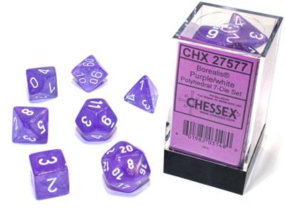 Borealis® Polyhedral Purple/white Luminary™ 7-Die Set - Bộ xúc xắc 7 viên phát sáng - Chessex