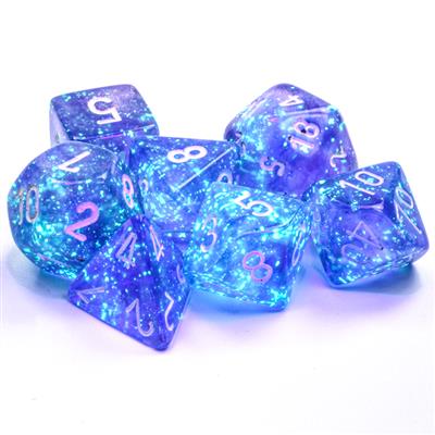 Borealis® Polyhedral Purple/white Luminary™ 7-Die Set - Bộ xúc xắc 7 viên phát sáng - Chessex