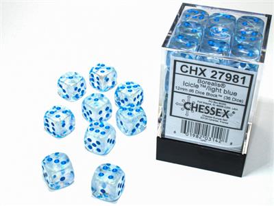 Borealis® 12mm d6 Icicle™/light blue Luminary™ Dice Block™ (36 dice) - Bộ 36 xúc xắc 6 mặt phát sáng - Chessex