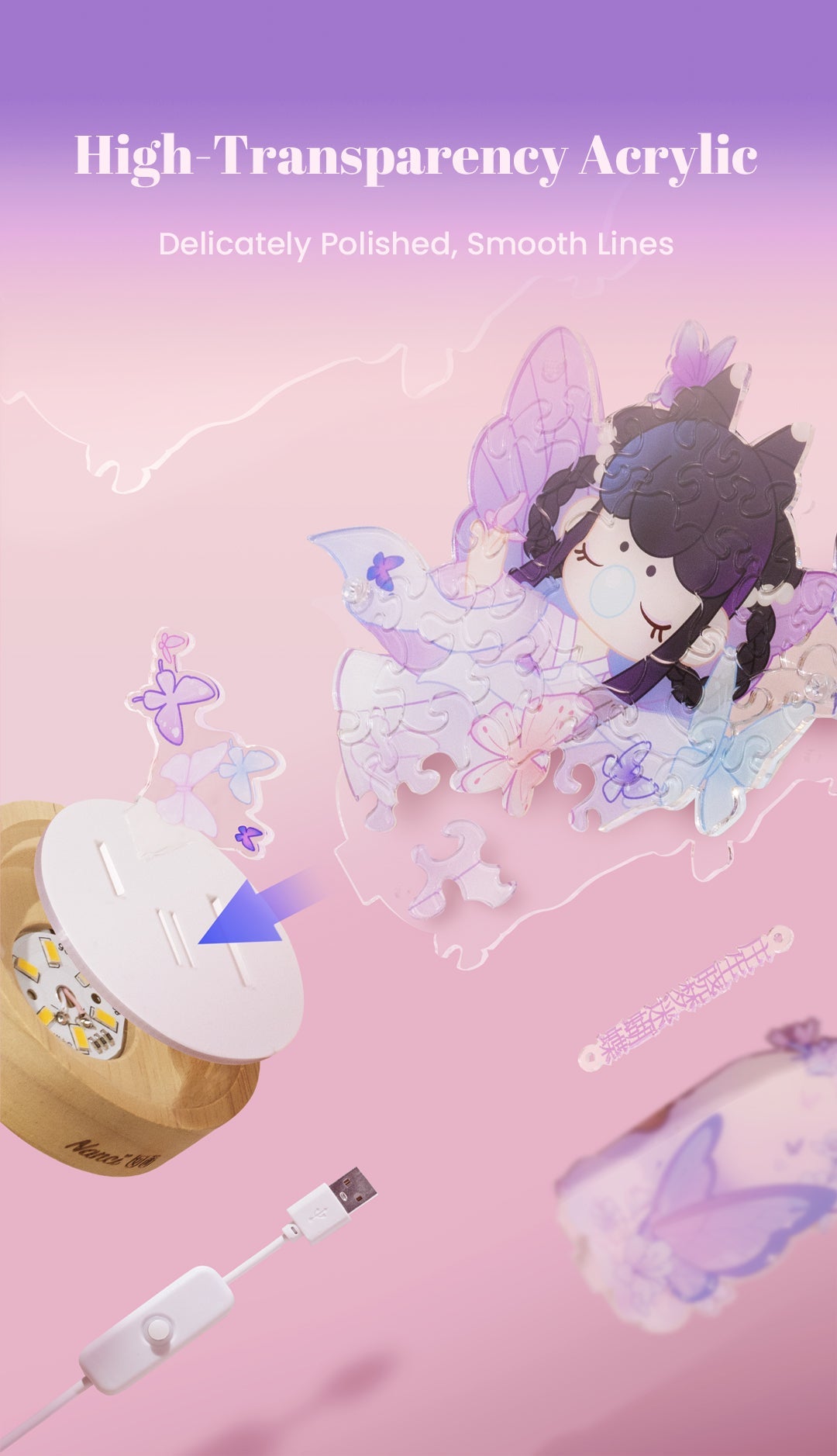 Rolife Acrylic Puzzle Night Light - Butterfly Lingering PTY001 - Đèn Ngủ Mica Lắp Ghép - Rolife