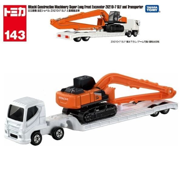 Tomica No. 143 Hitachi Construction Machinery Super Long Front Excavator ZX210-7 SLF and Transporter