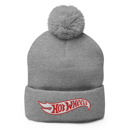 Hot Wheels Grey Pom Pom Beanie - Mũ Len Thêu Logo Thời Trang - Mattel Creations