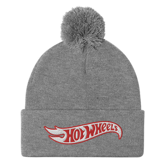 Hot Wheels Grey Pom Pom Beanie - Mũ Len Thêu Logo Thời Trang - Mattel Creations